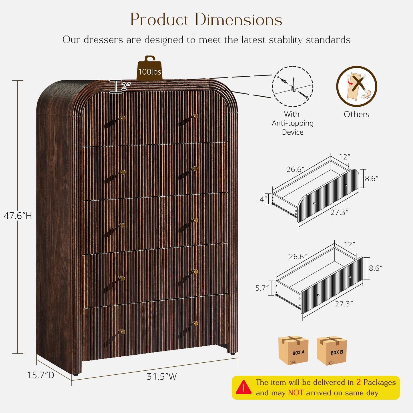 T4TREAM Fluted 5 Drawers Dresser, 48" Tall Modern Chest of Drawers with Thickened Curved Profile Design, Wood Closet Clothes Storage Organizer for Bedroom, Living Room, Hallway, Dark Walnut