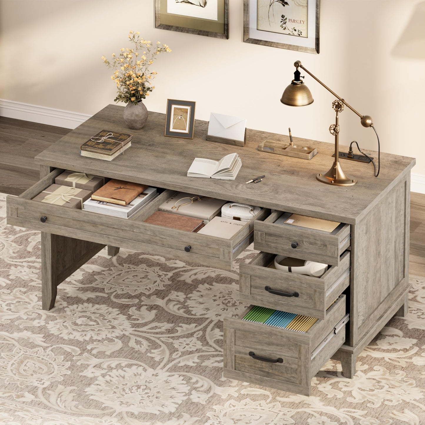 GarveeHome Farmhouse Executive Desk with Drawers, 53.54 in Home Office Desk with Charging Station, Wooden Computer Desk with File Cabinet Storage for Work Study Writing, Rustic Gray