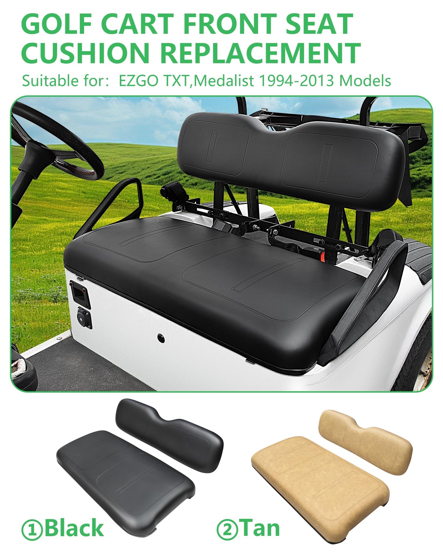 HEOHOU Golf Cart Front Seat Replacement Cushion Assembly Kit for EZGO TXT Medalist 1994-2013 Models,Golf Cart Front Seat Back and Seat Bottom Cushion,Black