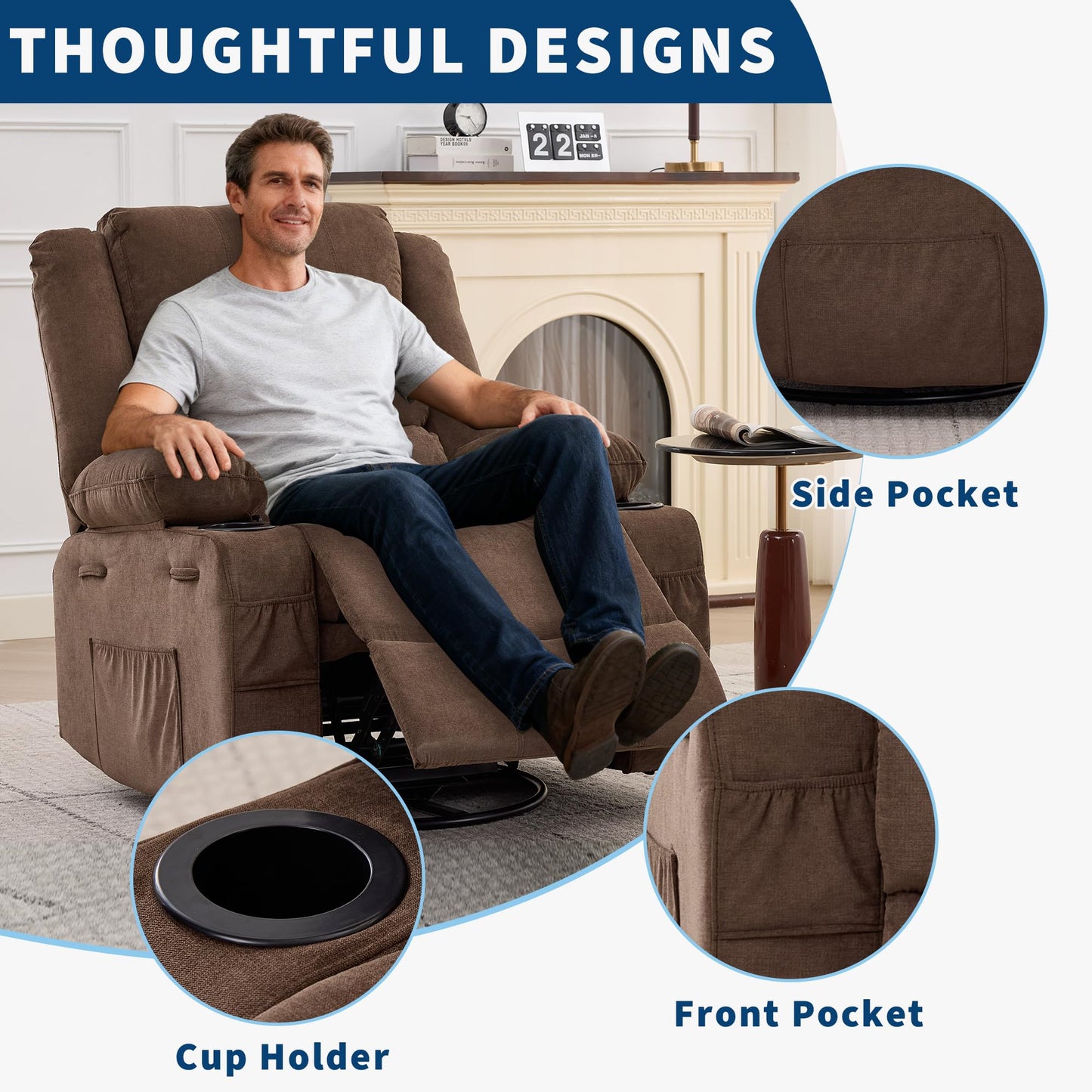 Rocking Recliner Chair for Adults Wide 360° Swivel Rocker Recliner with Cup Holder Nursery Glider with Upholstered Deep Seat Linen Lazy boy Chair for Living Room Browm