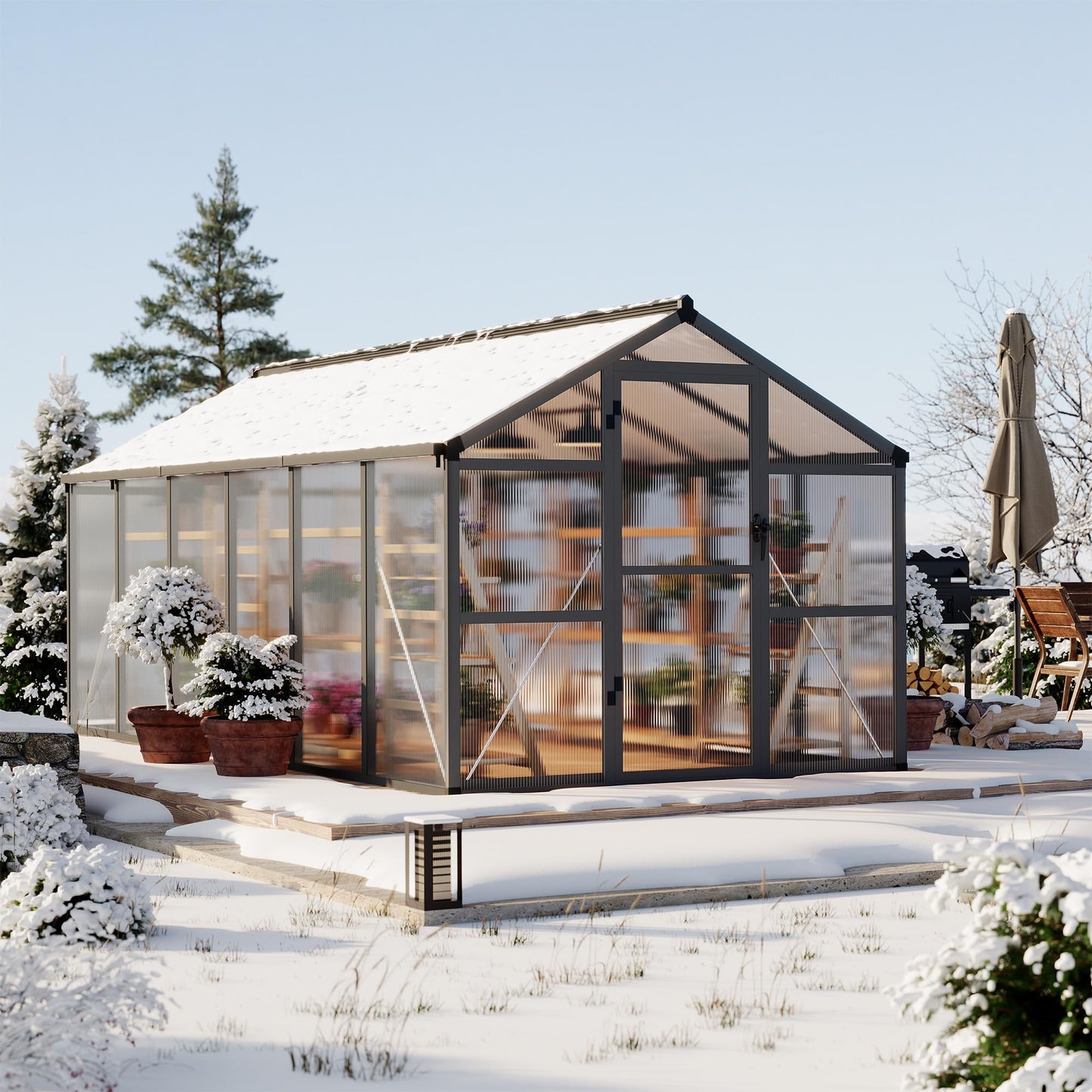 Garvee 8x12ft Greenhouse, Large Walk-in Greenhouse for Outdoors with Roof Vent & Lockable Outward-Opening Swing Door, Heavy Duty Aluminum Frame Polycarbonate Green House for Garden,Backyard,Lawn,Grey