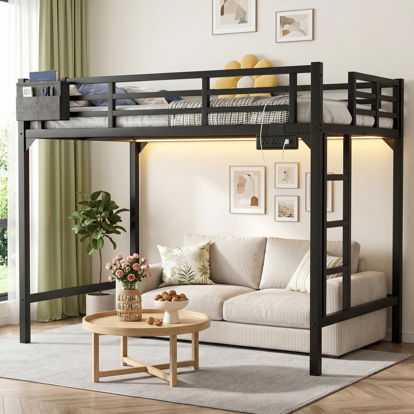 Twin XL Loft Bed with LED Lights & Charging Station, Heavy Duty Metal Bed Frame with Ladder & Guardrail, Reinforced Twin XL Loft Bed with Storage Pocket Space-Saving for Adults, Guest Room, Dorm