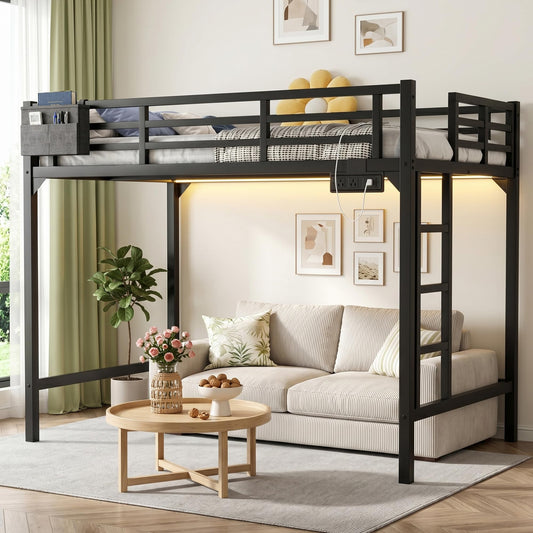 Twin XL Loft Bed with LED Lights & Charging Station, Heavy Duty Metal Bed Frame with Ladder & Guardrail, Reinforced Twin XL Loft Bed with Storage Pocket Space-Saving for Adults, Guest Room, Dorm