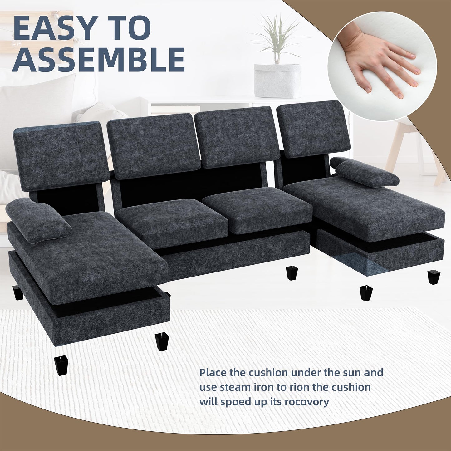 U-Shaped Sectional Sofa with Double Chaise,Linen Fabric 4-Seat Modern Couch, Removable Pillows for Apartment Living Room, Black