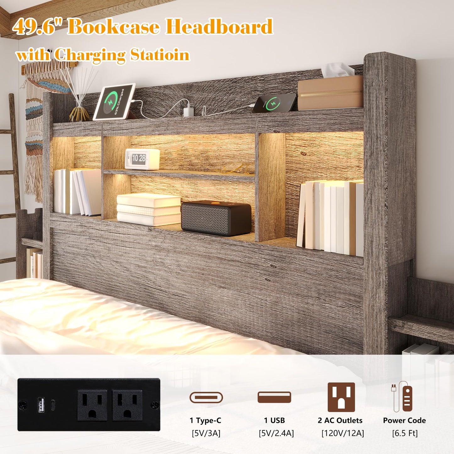 LUXOAK King Bed Frame with 49.6" Bookcase Headboard & 2 Bedside Stoage Racks & 4 Drawers, Farmhouse Wood Bed Frame with RGB LED & Charging Station, No Box Spring Needed, Grey