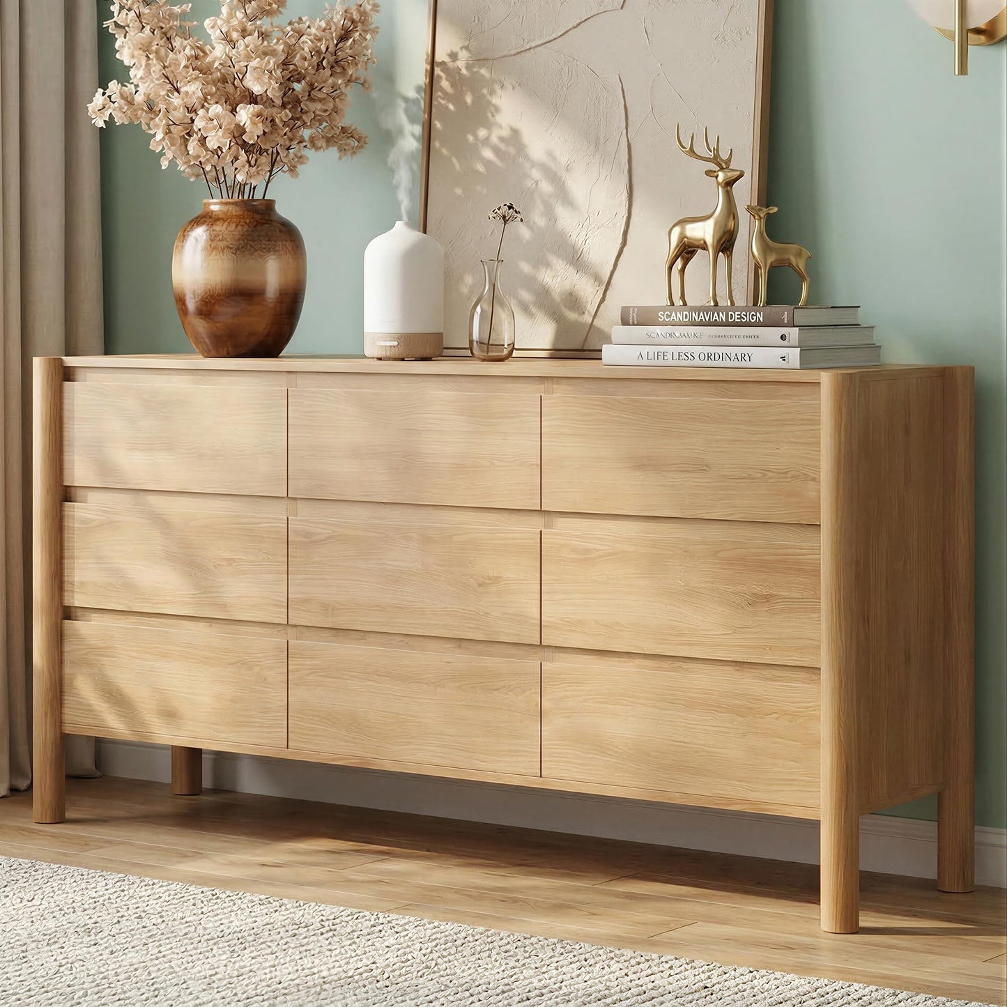 CHUWELL 63" Wide Oak Dresser for Bedroom, Mid Century Modern 9 Drawer Chest of Drawers with Hidden Handles & 4 Solid Wood Cylindrical Legs, Large Wood Storage Dresser for Bedroom