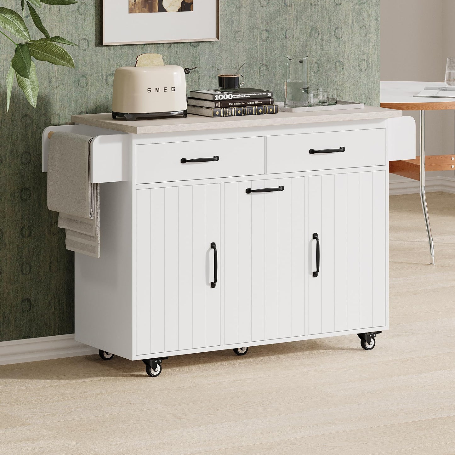 Ball & Cast Kitchen Island with Trash Can Storage Cabinet,Kitchen Cart W/Drop Leaf,Spice Rack,Towel Rack and Drawers,Rolling Kitchen Islands on Wheels W/Adjustable Shelf for Dining Room,White Oak