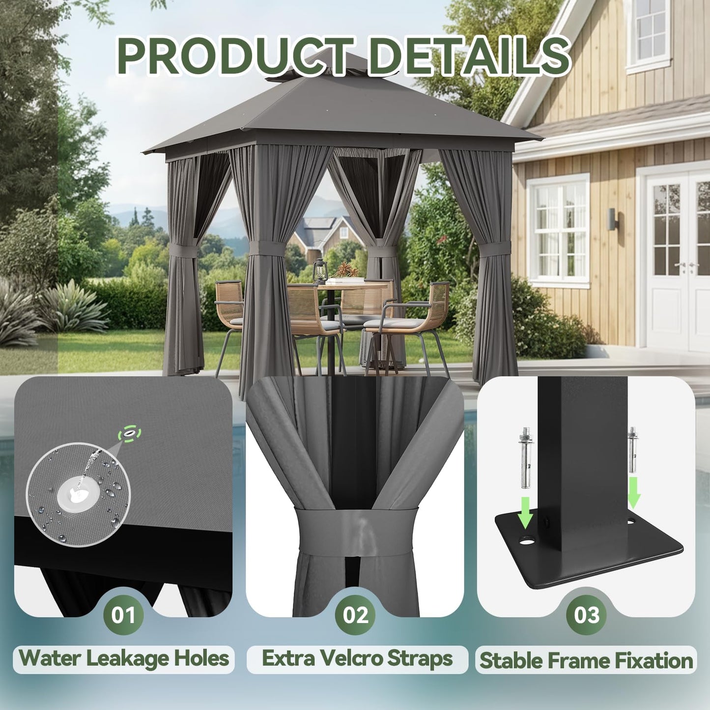 Aoxun 8x8 Outdoor Gazebo for Patio, Metal Frame Canopy Gazebo Double Roof Heavy Duty Small Gazebo, Backyard Gazebo with Mosquito Netting & Privacy Screen for Garden Lawn Deck (Grey)
