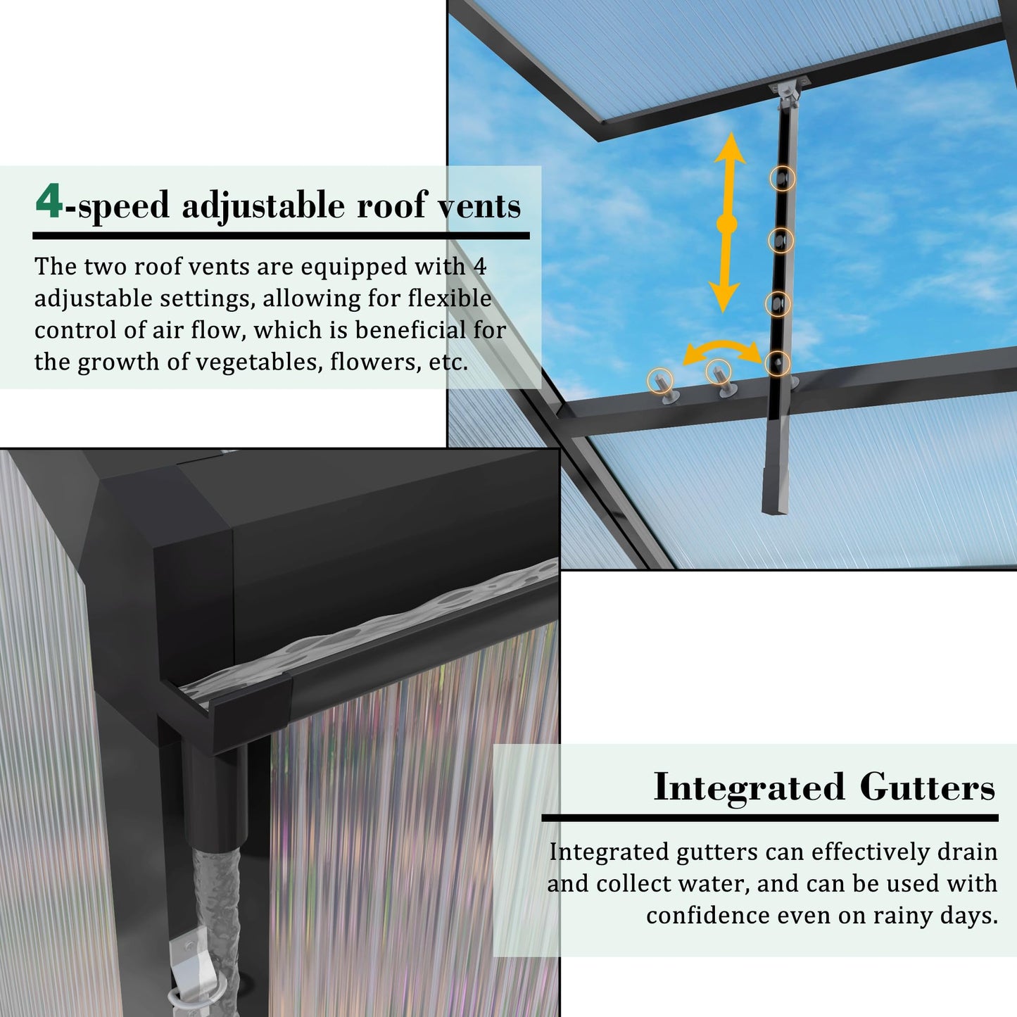 KEIKI 10x12 FT Polycarbonate Greenhouse for Outdoors, Heavy-Duty Aluminum Walk-in Greenhouse with Raised Base, Roof Vent & Drainage System, All-Season Garden Greenhouse, Black