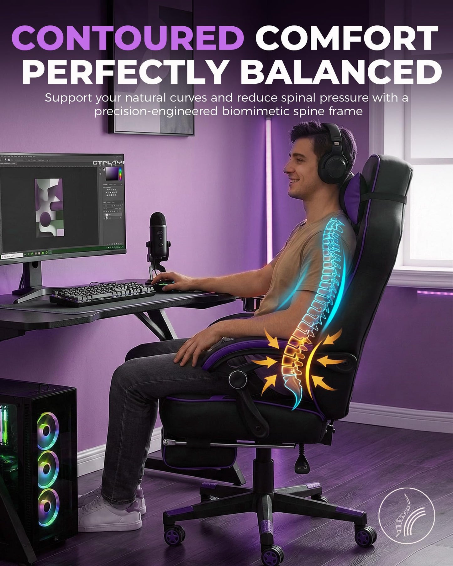GTPLAYER Gaming Chair with Footrest, Big and Tall Game Chair 350lb Racing Style Computer Chair, Ergonomic Executive Office Chair High Back with Lumbar Support and Recliner, Purple