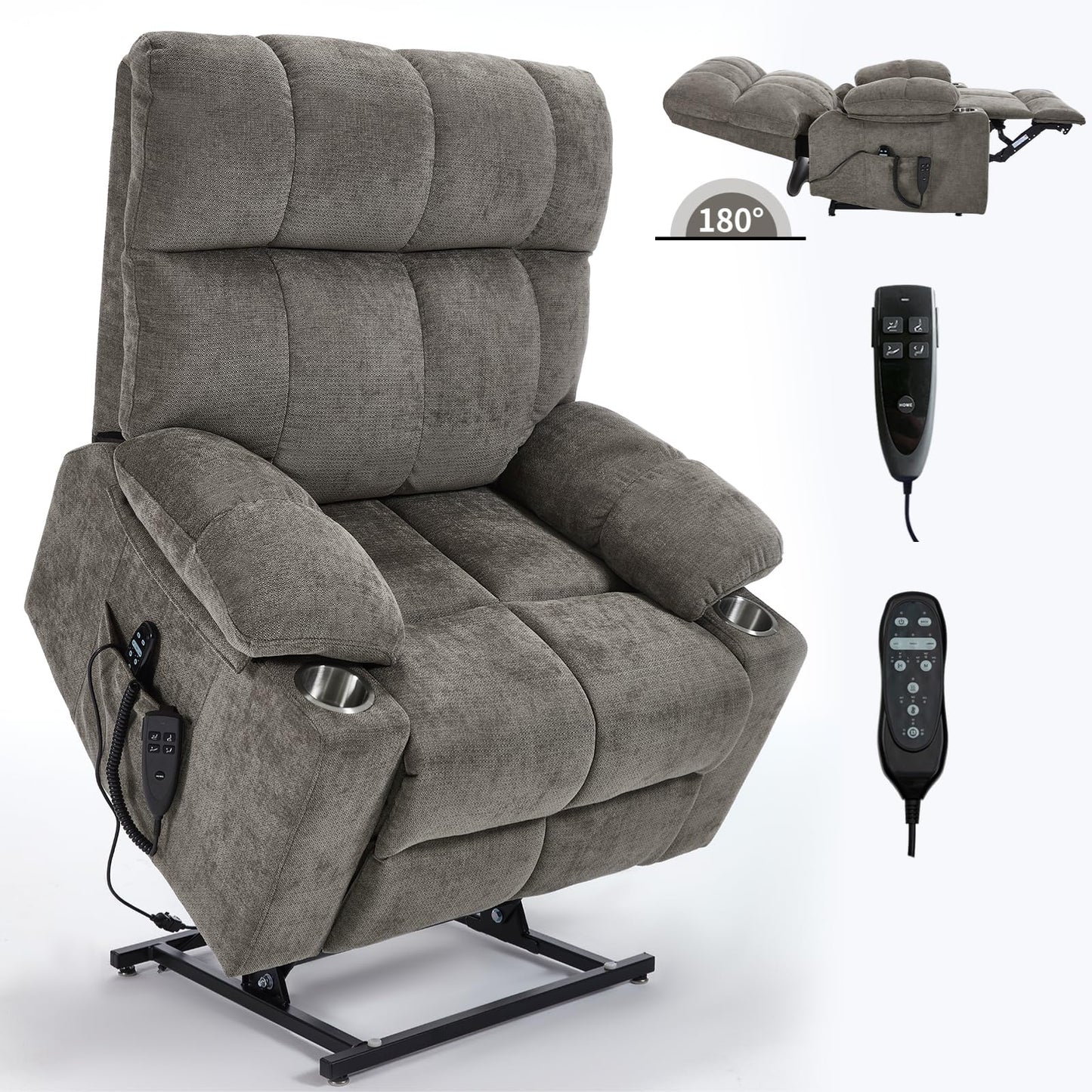 Dual Motor Power Lift Recliner Chair with Heat and Massage, Infinite Position Lift Chair, Oversized Chenille Recliner with 8-Point Vibration, Cup Holders and Side Pockets for Living Room, Brown