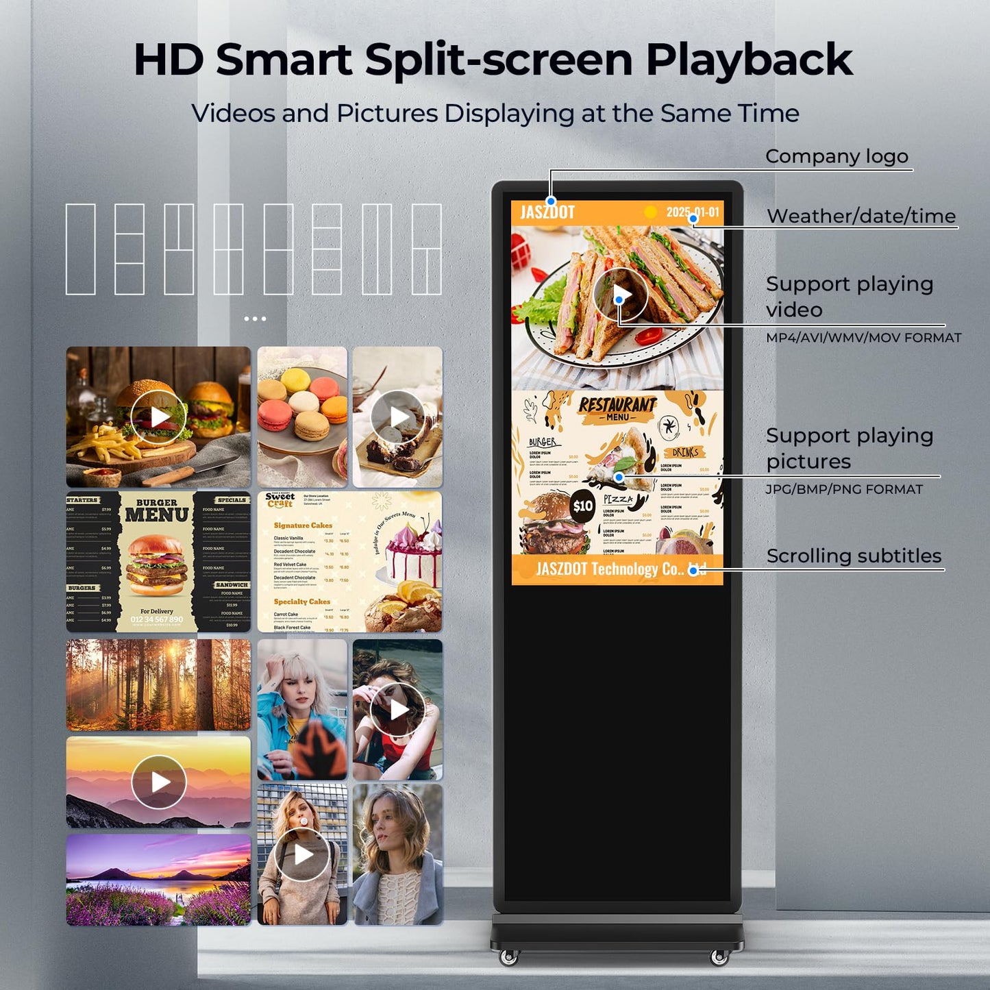 JASZDOT 32/43/55/65 Inch Digital Signage Display, LCD Screen Advertising Display Kiosk Interactive Totem Floor Standing Auto AD Player with USB/HDMI/WiFi Android OS (43'' Touch Screen)