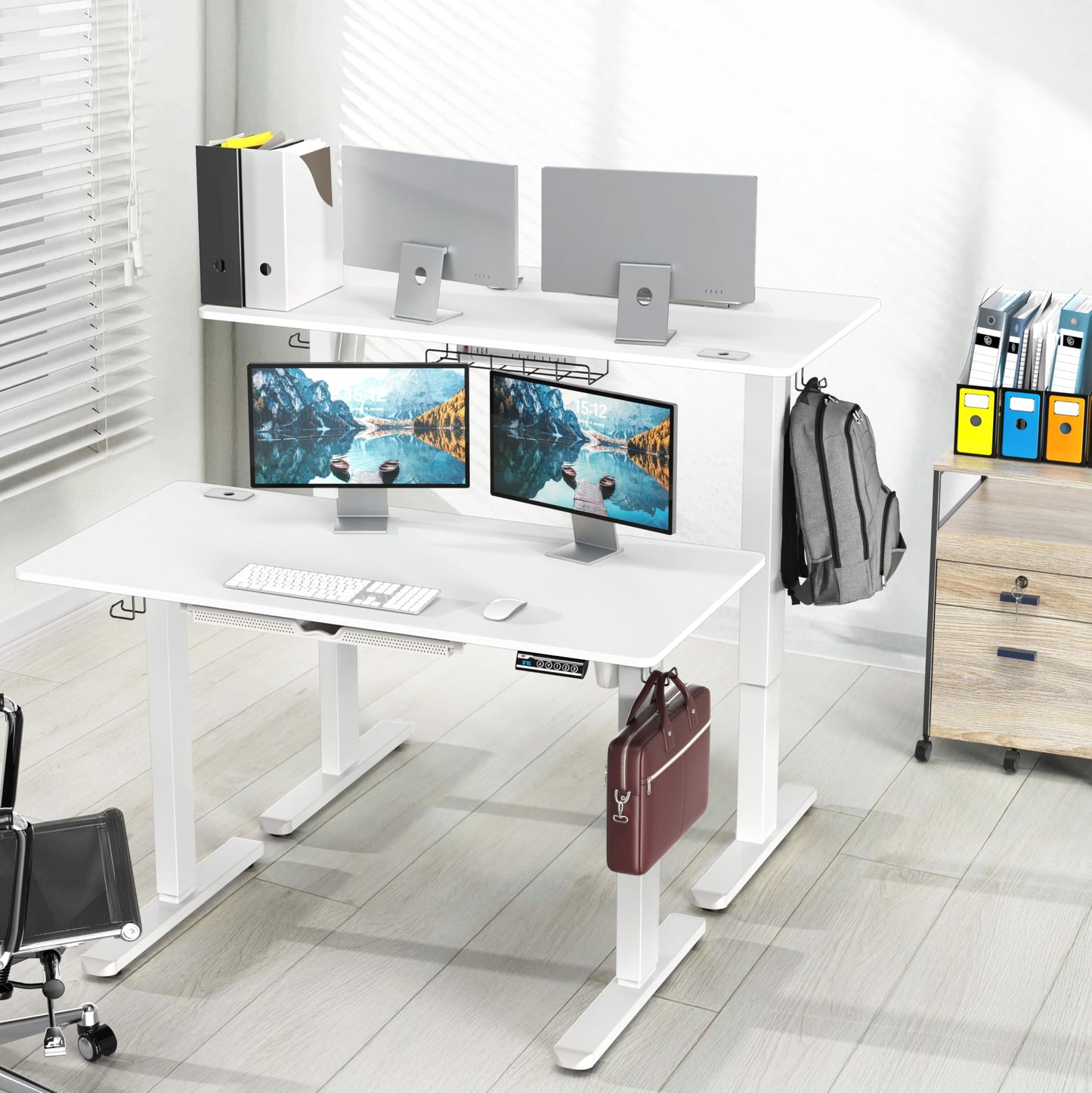 SHW 48-Inch Electric Height Adjustable Standing Desk with Drawer, Memory Preset and Cable Management Tray, White