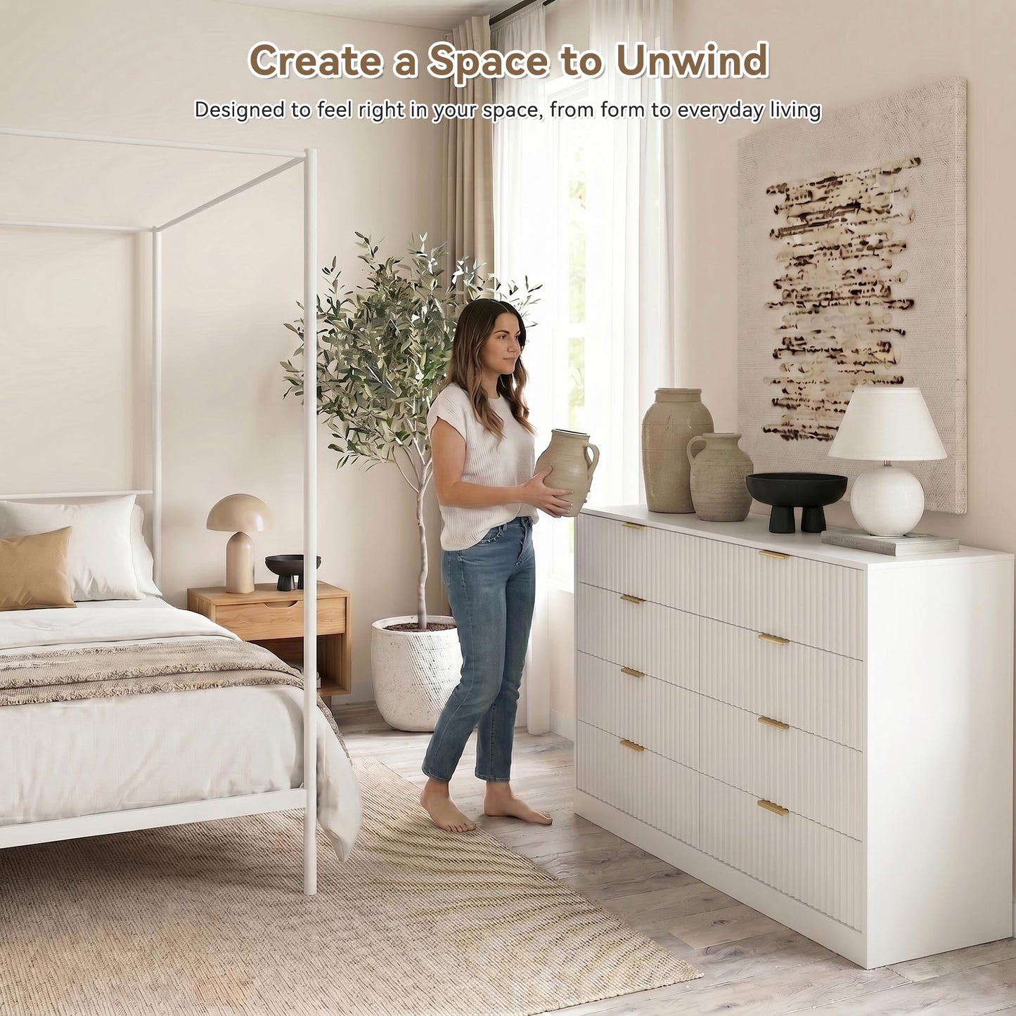RESOM White 8 Drawer Dresser for Bedroom, 55" Wide Fluted Chest of Drawers with Gold Metal Handles, Modern Wooden Dresser, Closet Storage Organizer Mid Century TV Stand for Living Room Hallway