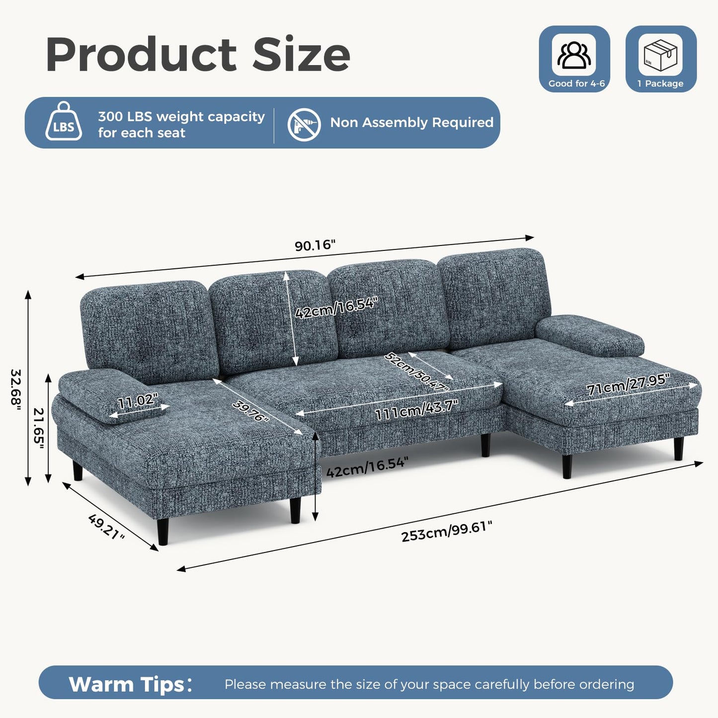 DUMOS Sectional Couches for Living Room, U Shaped Couch with Double Chaise Lounge, Modern Chenille Fabric 4-Seat Couch with Removable Pillows for Apartment/Small Space, Dark Grey