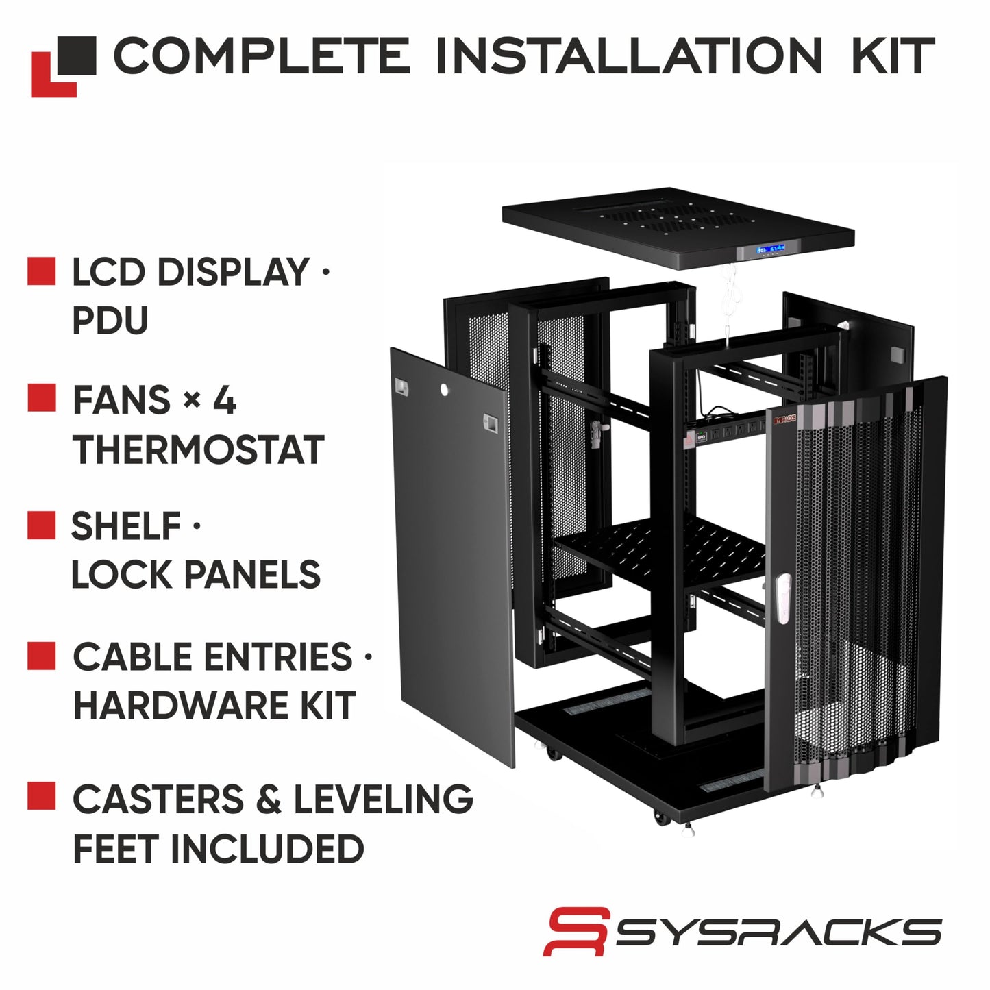 22U Server Rack Cabinet, 39” Deep 19” Floor Standing Network Enclosure, 1600 lb Capacity, 35” Rail Depth, Mesh Doors, 4 Fans, PDU, Shelf & Mounting Hardware