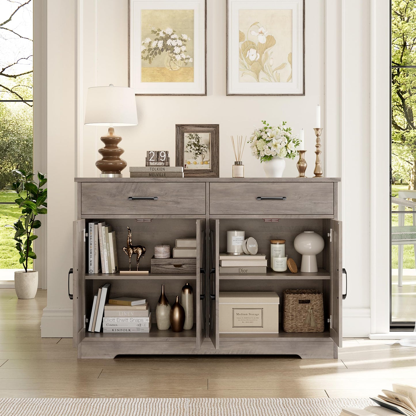 HOSTACK Buffet Cabinet with Storage, 47.2" Kitchen Sideboard Buffet with Drawers, Modern Farmhouse Coffee Bar Station with Shelves, Barn Doors Storage Cabinet for Living Room, Ash Grey