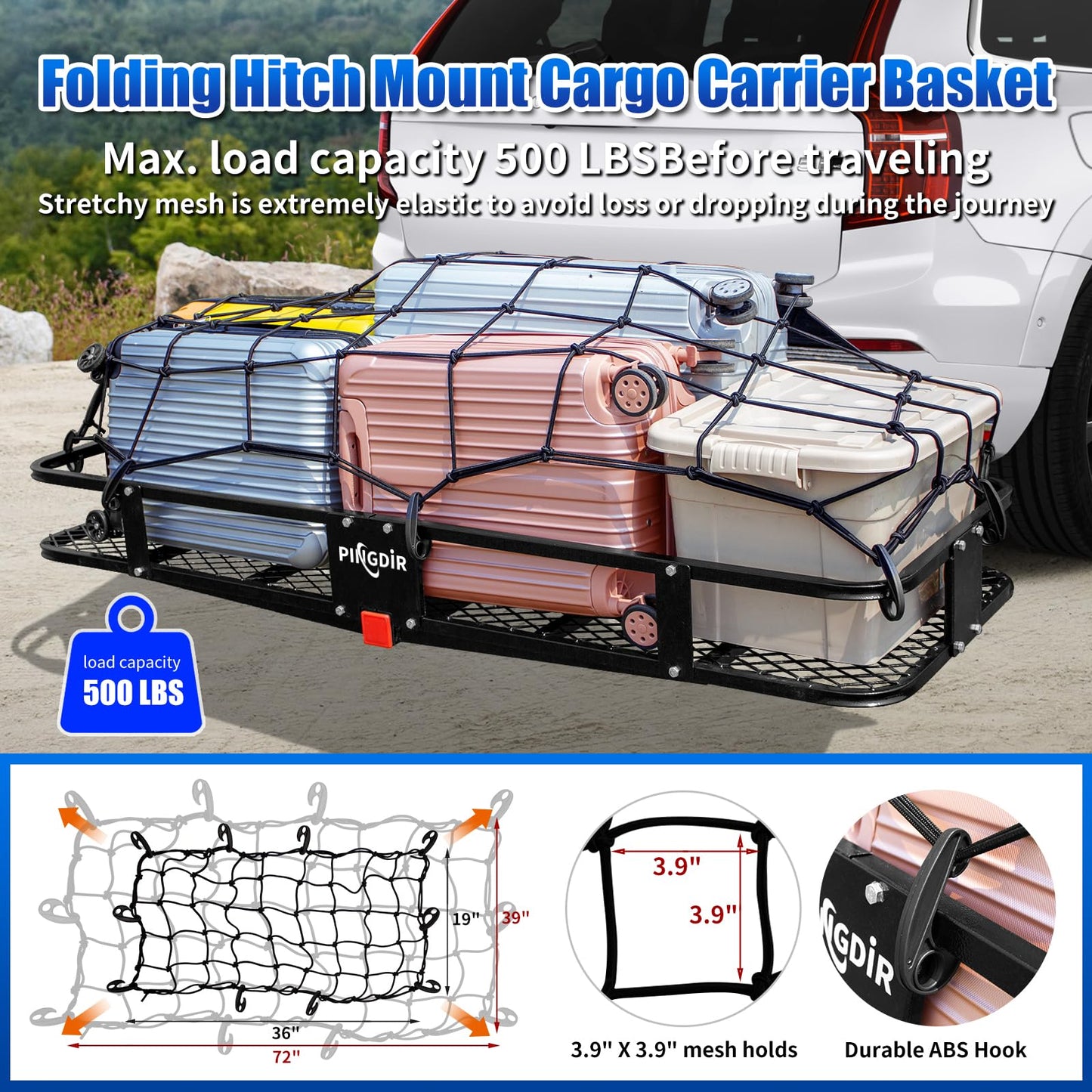 PINGDIR Folding Hitch Mount Cargo Carrier Hitch Rack Basket 60"*21.5"*6" Hauling Weight Capacity of 500 Lbs, Waterproof Cargo Bag 58" 19" 24", with Hitch Stabilizer,Cargo Net and Ratchet Straps