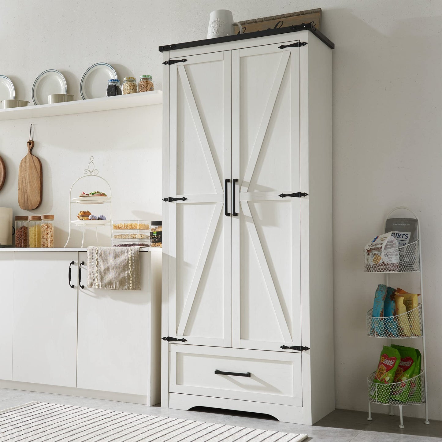 JXQTLINGMU Farmhouse Kitchen Pantry Cabinet - 72" Tall Wood Kitchen Storage Cabinets with Adjustable Shelves & 2 Barn Style Doors & Drawer, Versatile Storage for Dining Room, Bathroom, Antique White