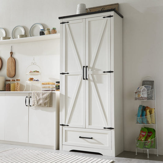 JXQTLINGMU Farmhouse Kitchen Pantry Cabinet - 72" Tall Wood Kitchen Storage Cabinets with Adjustable Shelves & 2 Barn Style Doors & Drawer, Versatile Storage for Dining Room, Bathroom, Antique White