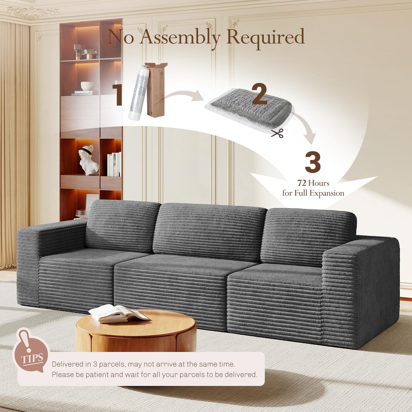 119" Modular Sofa Set, Corduroy Cloud Sectional Couch with Extra Deep Seating & Reinforced Spring System, Compact 3-Seater Boneless Sofa for Living Room & Apartment Spaces, Tool-Free Setup, Grey