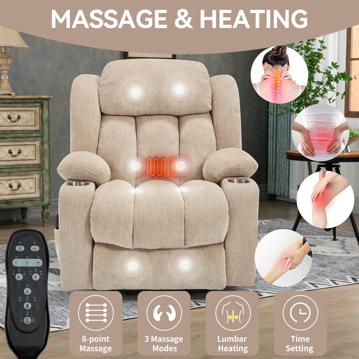 KEIKI Recliner Chair with Vibration Massage and Heating, Home Theater Seating with USB and Type-C Ports, Cup Holders for Living Room, Beige