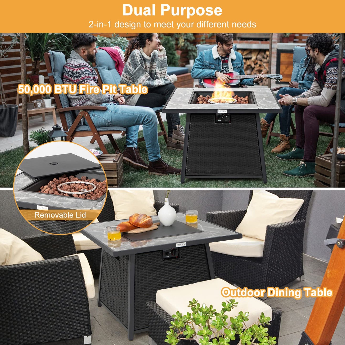 Tangkula 35 Inch Rattan Propane Gas Fire Pit Table, Patiojoy 50,000 BTU Outdoor Wicker Patio Propane Fire Pit w/Lid, Lava Rocks and PVC Cover, Auto-Ignition Square Firepit Table with Marble Tabletop