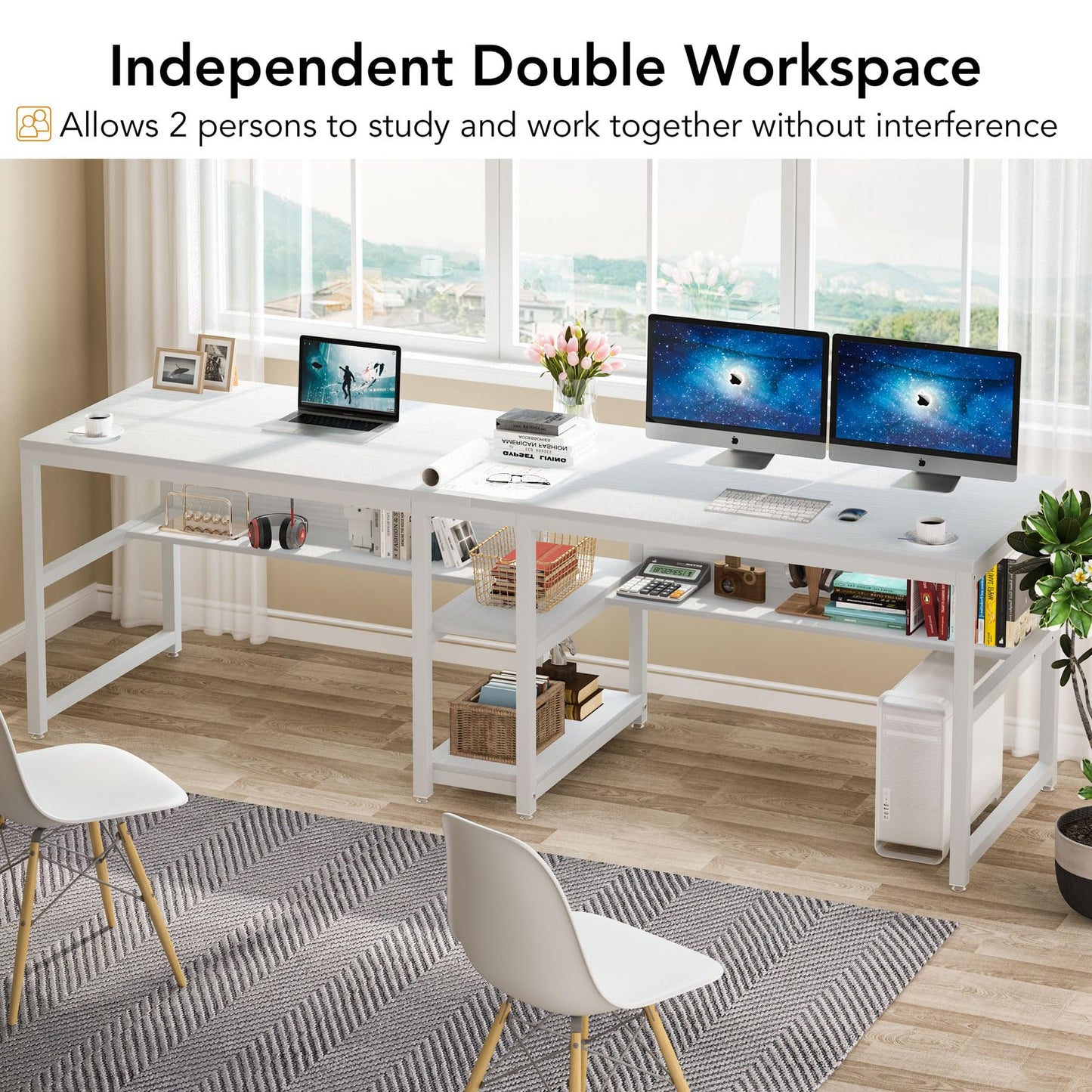 Tribesigns Two Person Desk with Bookshelf, 78.7 Computer Office Double Desk for Two Person, Rustic Writing Desk Workstation with Shelf for Home Office (White)