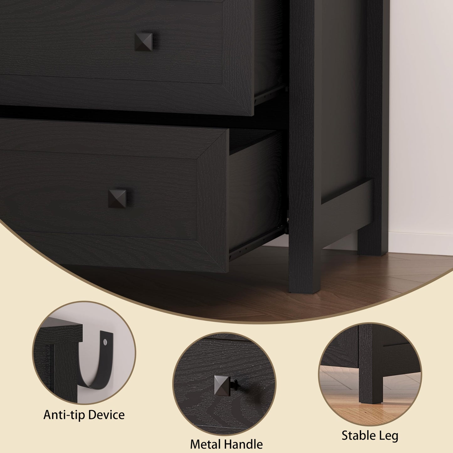 BORNOON 3-Drawer Night Stand Set of 2, Modern Bedside Table Dresser with Metal Handles, Sturdy Wooden End Side Table Storage Cabinet with Anti-Tipping Design for Bedroom
