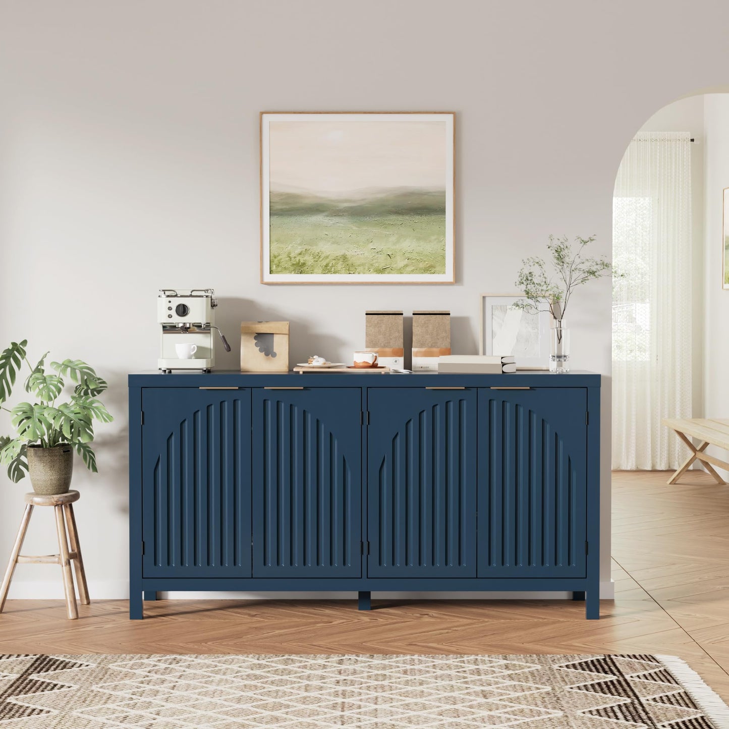 Fluted Sideboard Buffet Cabinet with Storage, 58" Mid Century Modern Accent Cabinet with Arch Doors, Large Wood Media TV Console Table Credenza for Dining Room, Kitchen, Living Room Entryway, Blue