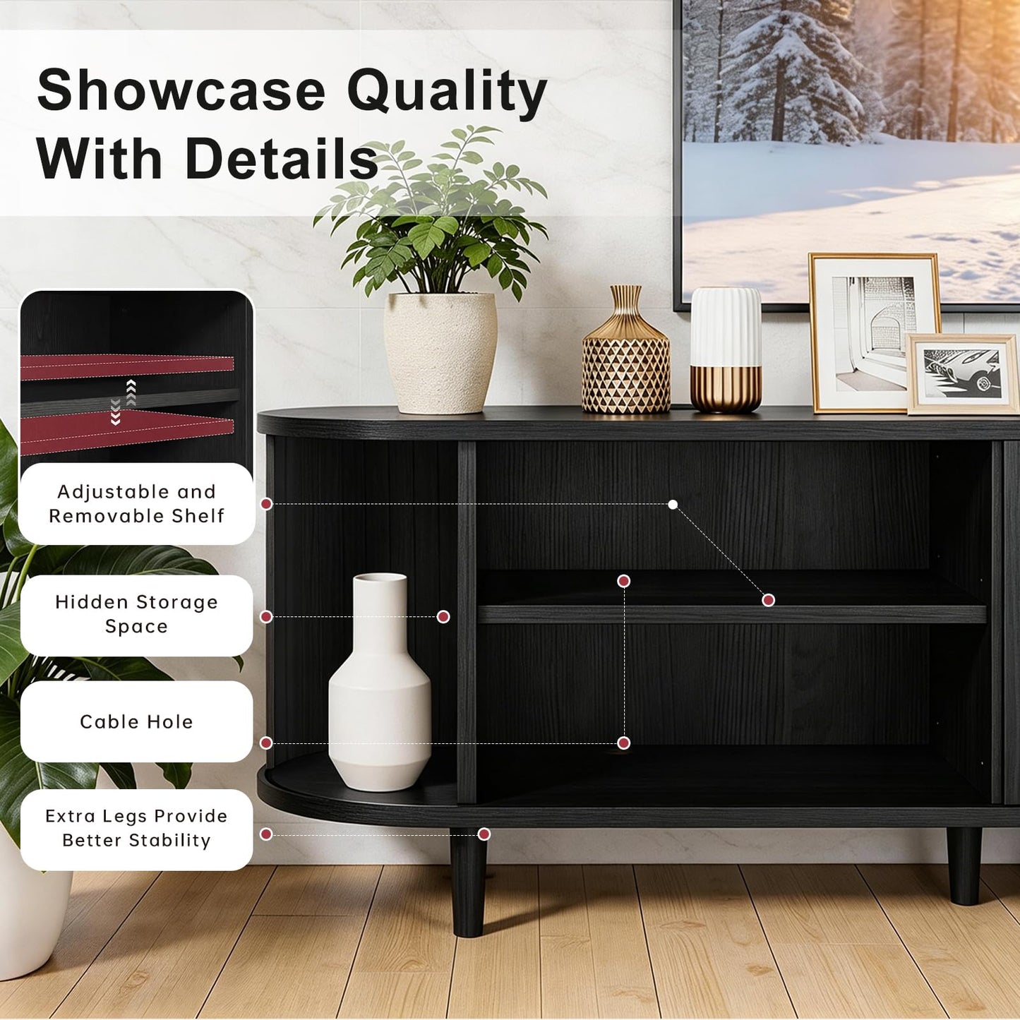 OneBlis 70" Mid Century Modern TV Stand, Wood TV Consoles with Sliding Doors and Power Outlet, Fluted Entertainment Center with Adjustable Shelves, Media Console for Living Room, Black