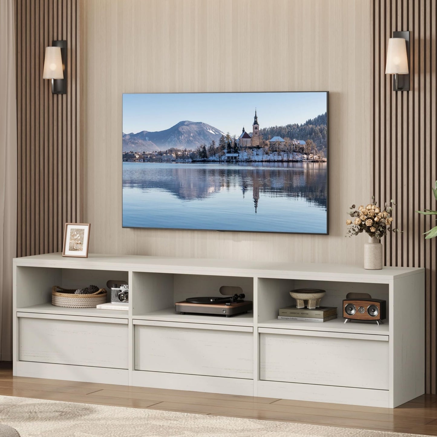 IDEALHOUSE 70" TV Stand for 75 80 Inch TV, Mid-Century Modern Entertainment Center with Storage Drawer & Open Shelves, Wood Media Console Table for Living Room & Bedroom, White