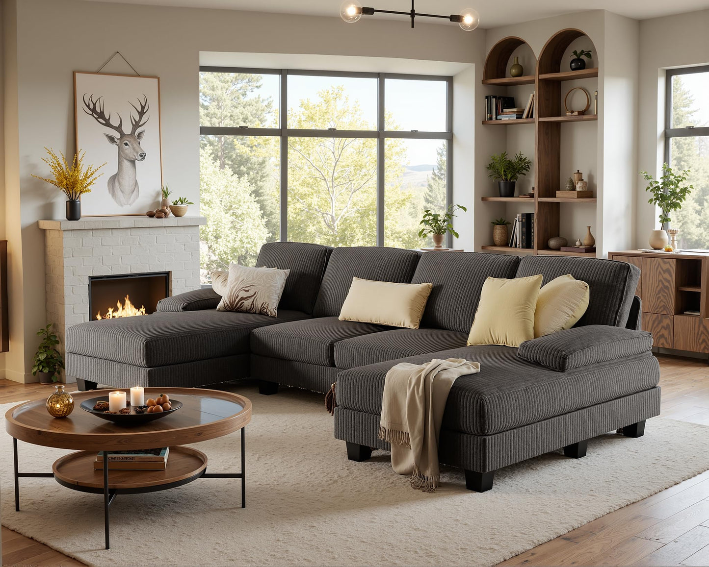 Furniwell Convertible Sectional Sofa Couch, 4 Seat Sofa Set for Living Room U-Shaped Modern Fabric Modular Sofa Sleeper with Double Chaise & Memory Foam (Corduroy, Deep Grey)