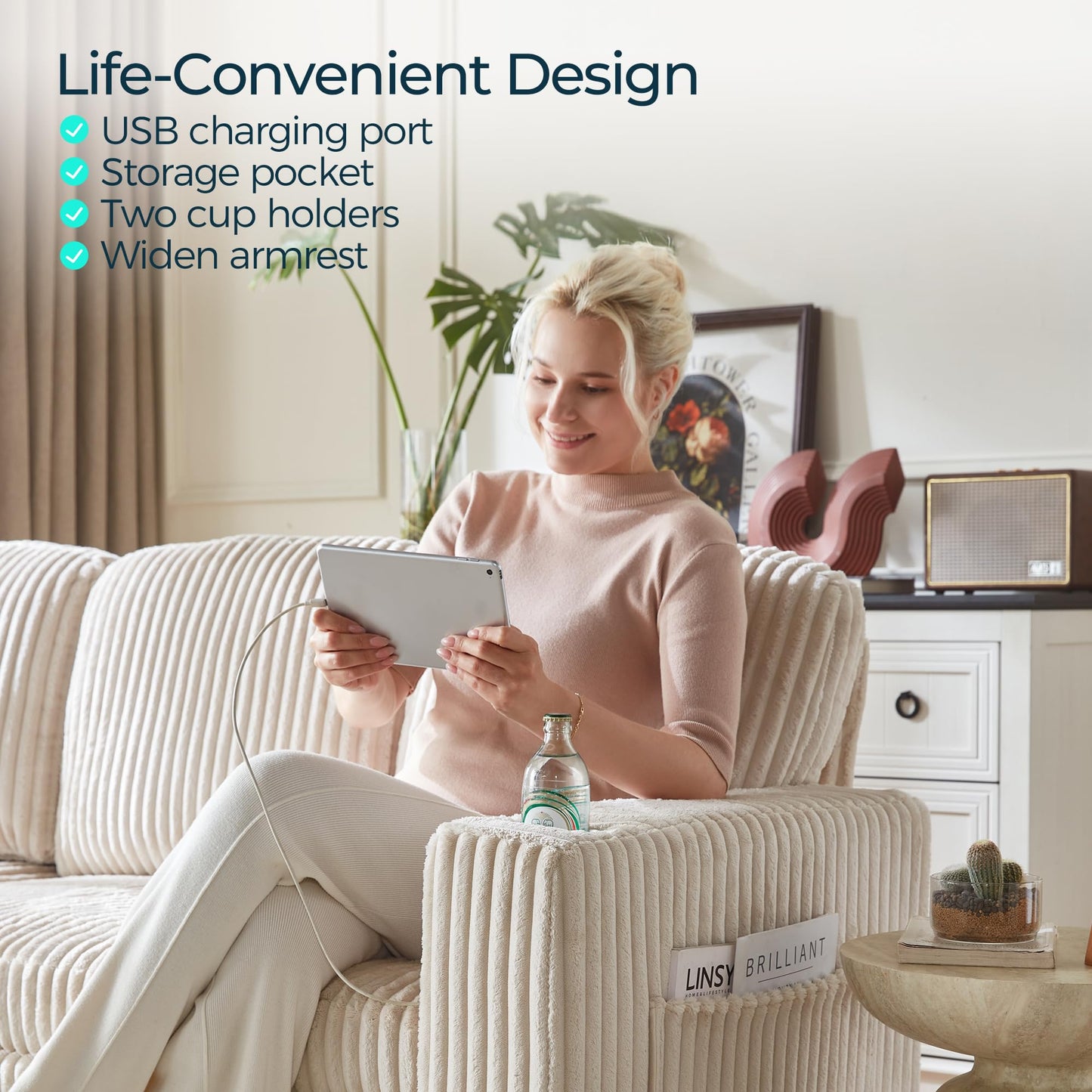 LINSY HOME Sectional Sofa with Pull Out Bed, 5 Seats Corduroy Reversible Sleeper Sofa with Storage Seats, USB Ports, Cup Holders, Side Pocket, Sectional Couches for Living Room