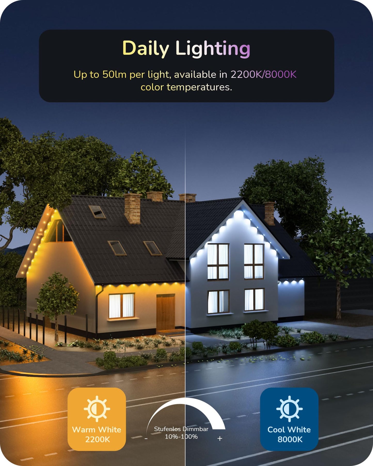 EDISHINE 60ft Outdoor Eave Lights, 40 LED RGBW+Warm/Cool White, Model OL06, Smart Control, IP67, 50 Scene Modes