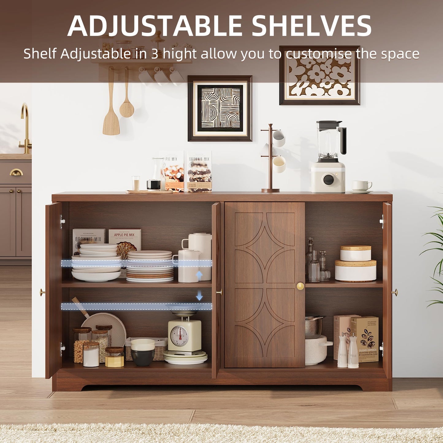 55" Buffet Cabinet with Storage, Sideboard Cabinet with 4 Doors, Wood Coffee Bar Cabinet with Adjustable Shelves, Farmhouse Sideboard Buffet, for Kitchen, Living Room, Entryway, Dining Room (Brown)