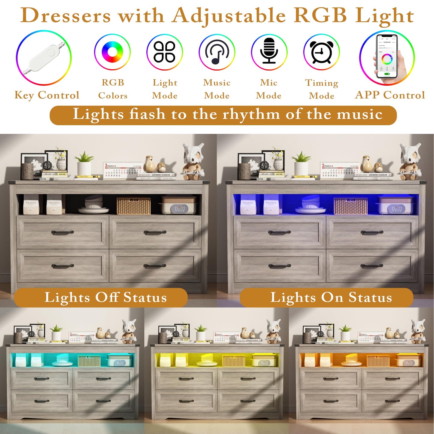 Wodeer Grey Dresser for Bedroom, Wooden 4 Drawer Dresser with LED Light, Dressers & Chests of Drawers with Metal Handles, Storage and Organization for Bedroom, Hallway, Entryway, Gray