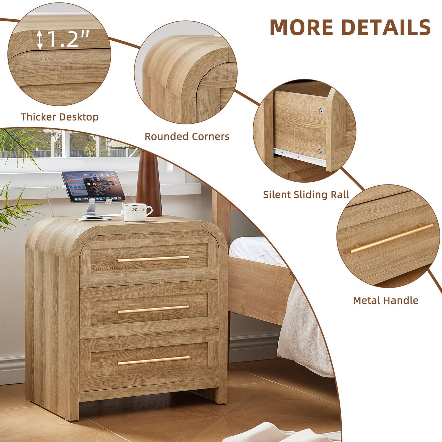 JINVICJIASI Oak Night Stand with Charging Station, Curved Nightstand with Drawers & Metal Handle, 22" Modern Side End Tables, Thick Desktop Bedside Table Storage Cabinet for Bedroom Home