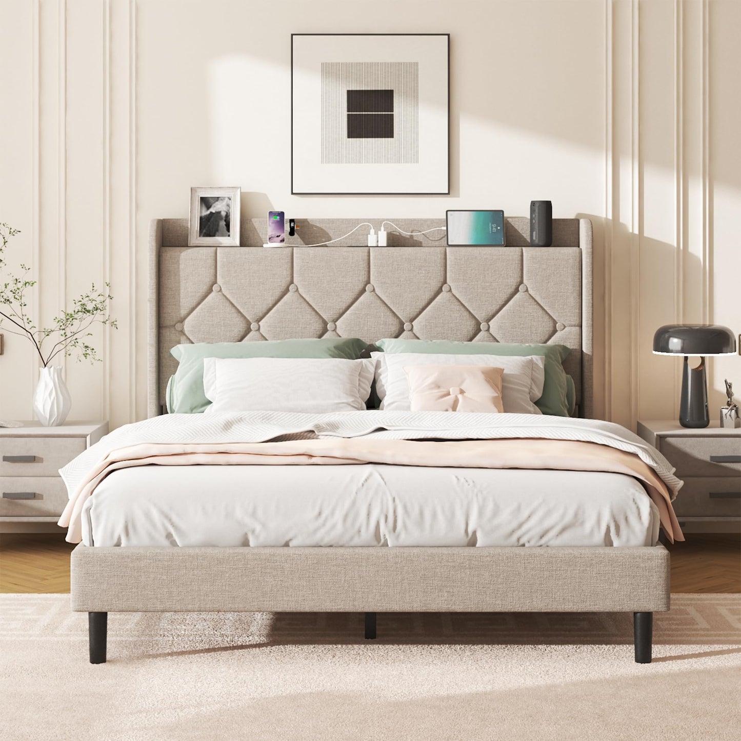 Queen Size Bed Frame with Diamond Tufted Linen Headboard & Storage Charging Port, Upholstered Platform Bed with Wood Slats & Sturdy Metal Frames, Noise-Free, No Box Spring Needed, Easy Assembly, Beige