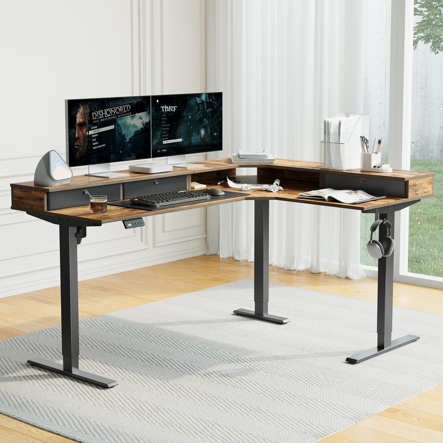 CubiCubi 63x48 Inches L Shaped Standing Desk with 3 Drawers and Monitor Shelf, Height Adjustable Corner Computer Desk with Hooks, Sit Stand Up Ergonomic Home Office Workstation Table, Rustic Brown