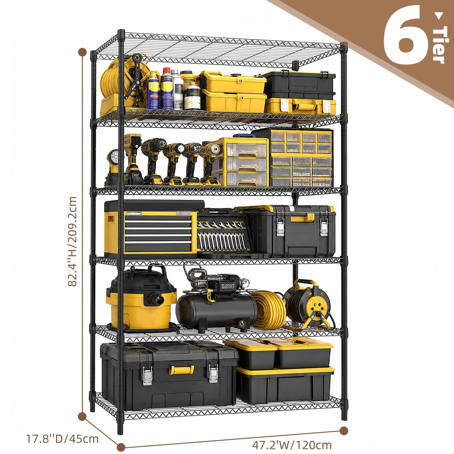 M MZG 6-Shelf Heavy Duty Garage Shelving Wire Adjustable Storage Rack for Kitchen Laundry Bathroom Pantry 2100 lbs Capacity Black 17.7 x 47.3 x 82.4 Inch