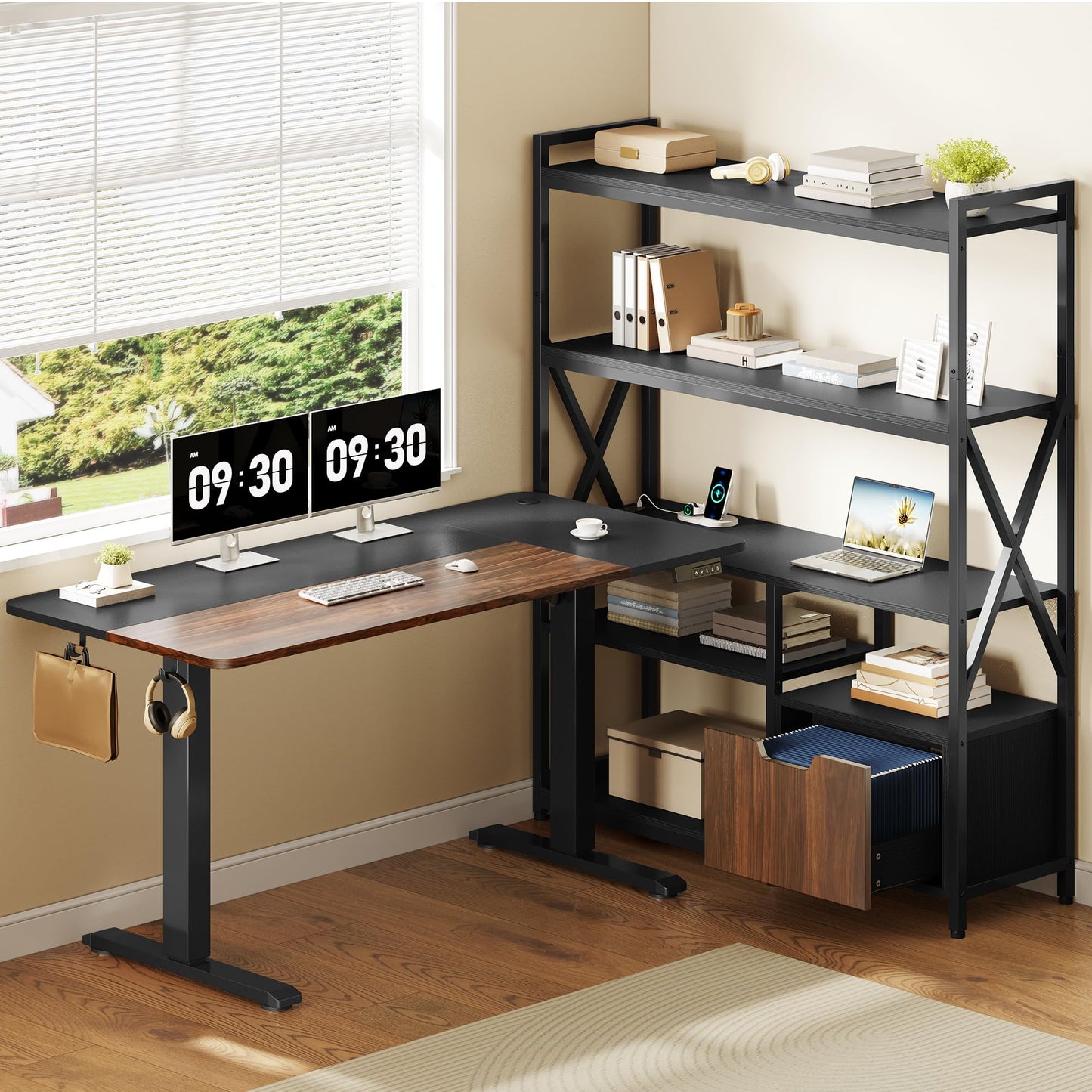 Homiflex 2-in-1 L Shaped Electric Standing Desk with Bookcase, 77.8'' Large Office Desk with Height Adjustable, File Drawer and Power Outlets, Variable Computer Desk Set for Home Office, Black