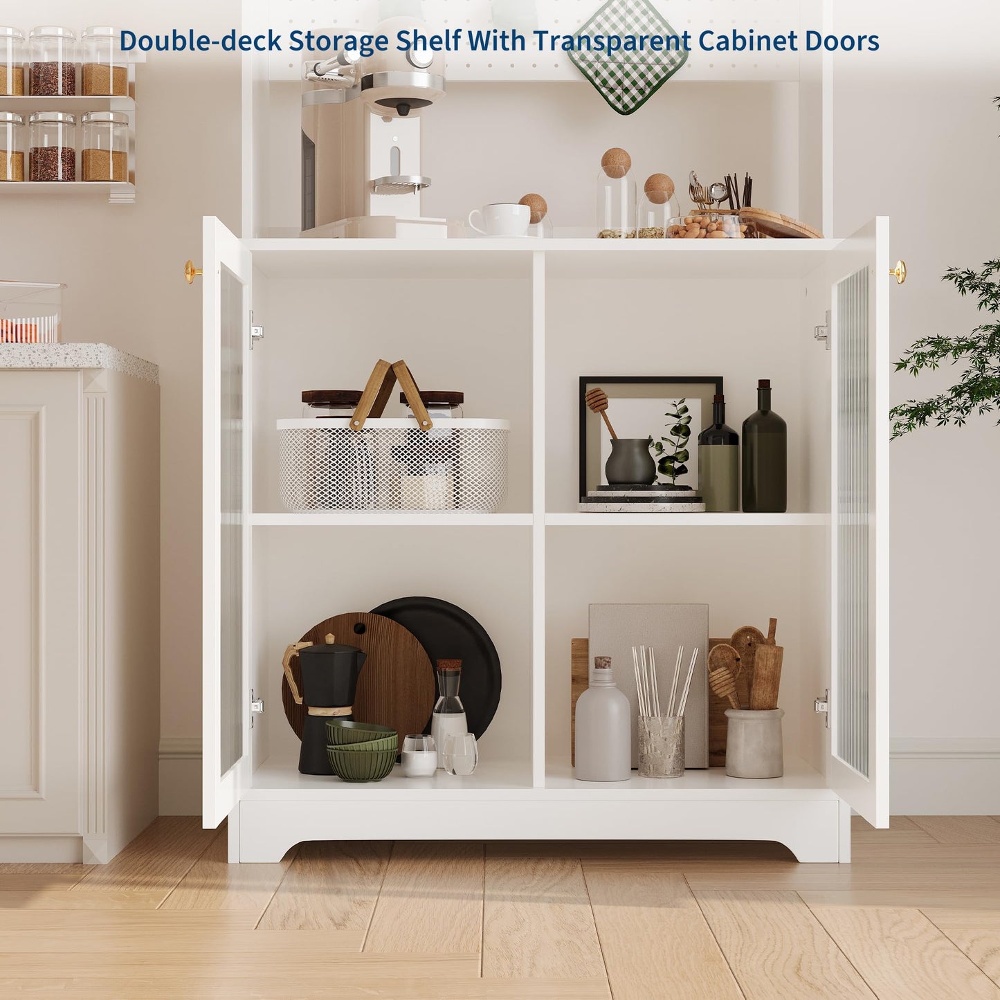 71" Tall Pantry Cabinet with 2 Glass Doors, Freestanding Kitchen Storage Cabinet with Open Storage & Adjustable Shelves, Modern Farmhouse Cupboard Coffee Bar for Dining Room, Living Room, White