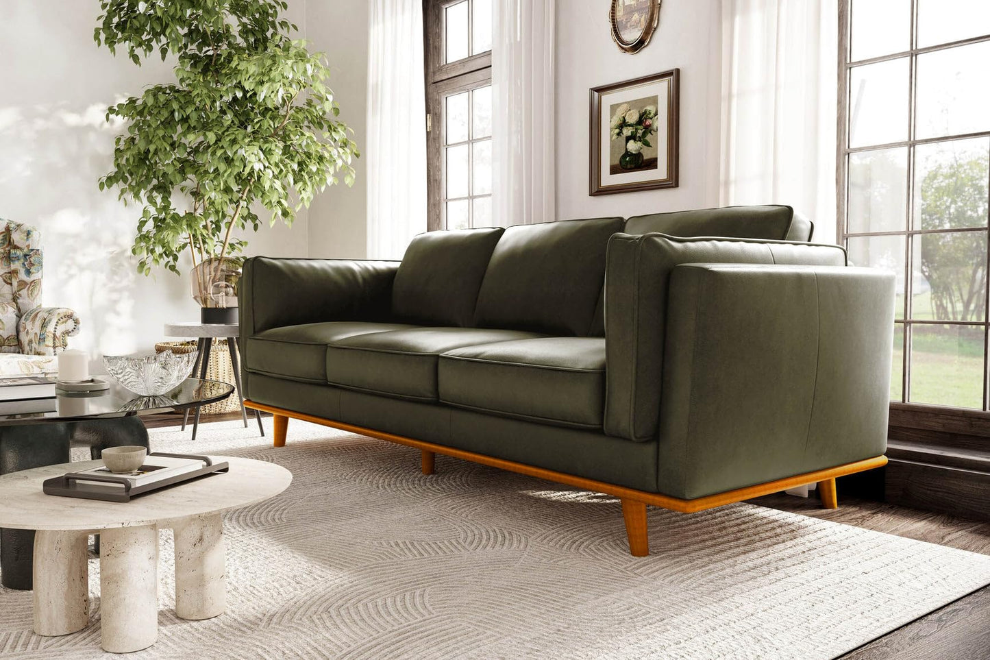 Valencia Artisan Full Leather Sofa 88” | Pure Full Italian Nappa Leather Couch, Solid Wood Accent, Ultimate Comfort, Dark Green
