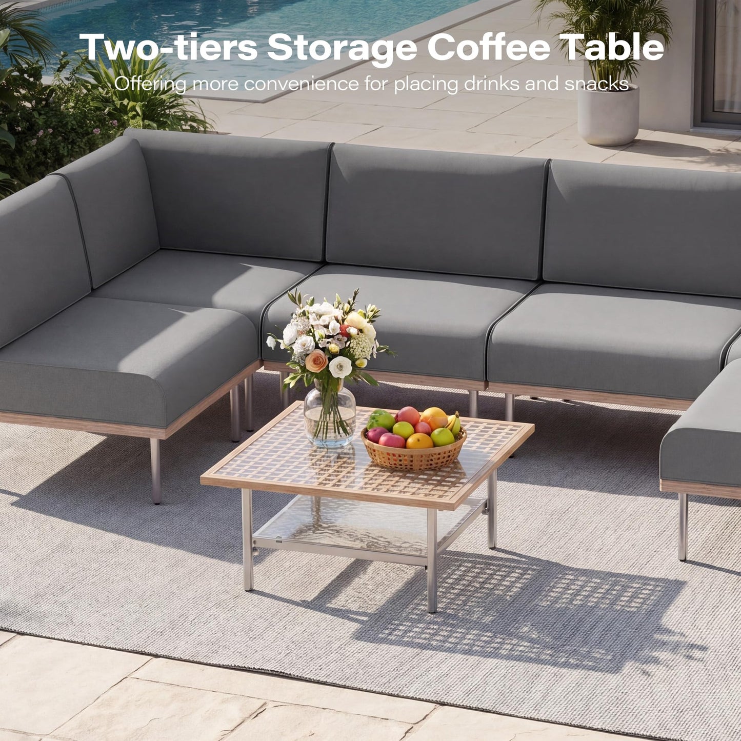 EO Living 7-Piece Modular Outdoor Patio Furniture Set, PE Rattan Sectional Conversation Sofa with Tempered Glass Table and Machine-Washable Cushions (Grey)