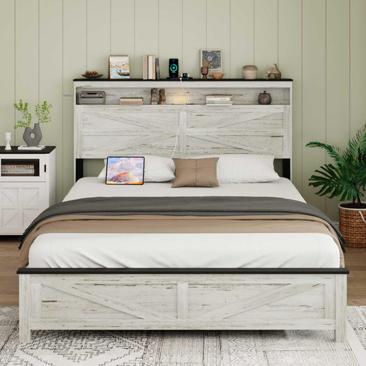 Ball & Cast Wood Full Size Bed Frame with Storage Headboard,Farmhouse Platform Bed Frame Full with Charging Station,Noise-Free,No Box Spring Needed,Easy Assembly,Antique Gray