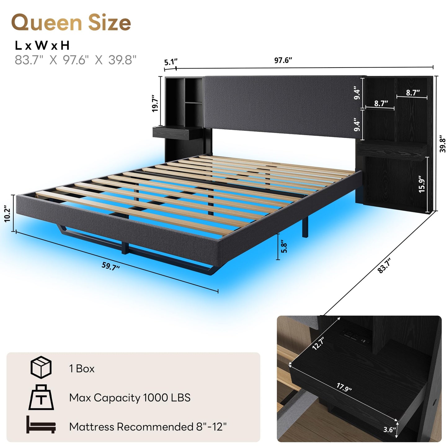 LIKIMIO Modern Queen Bed Frame with Built-in Bookcase Headboard, Floating Upholstered Platform Bed with Storage Shelves and LED Lighting, No Box Spring Needed, Dark Gray/Black