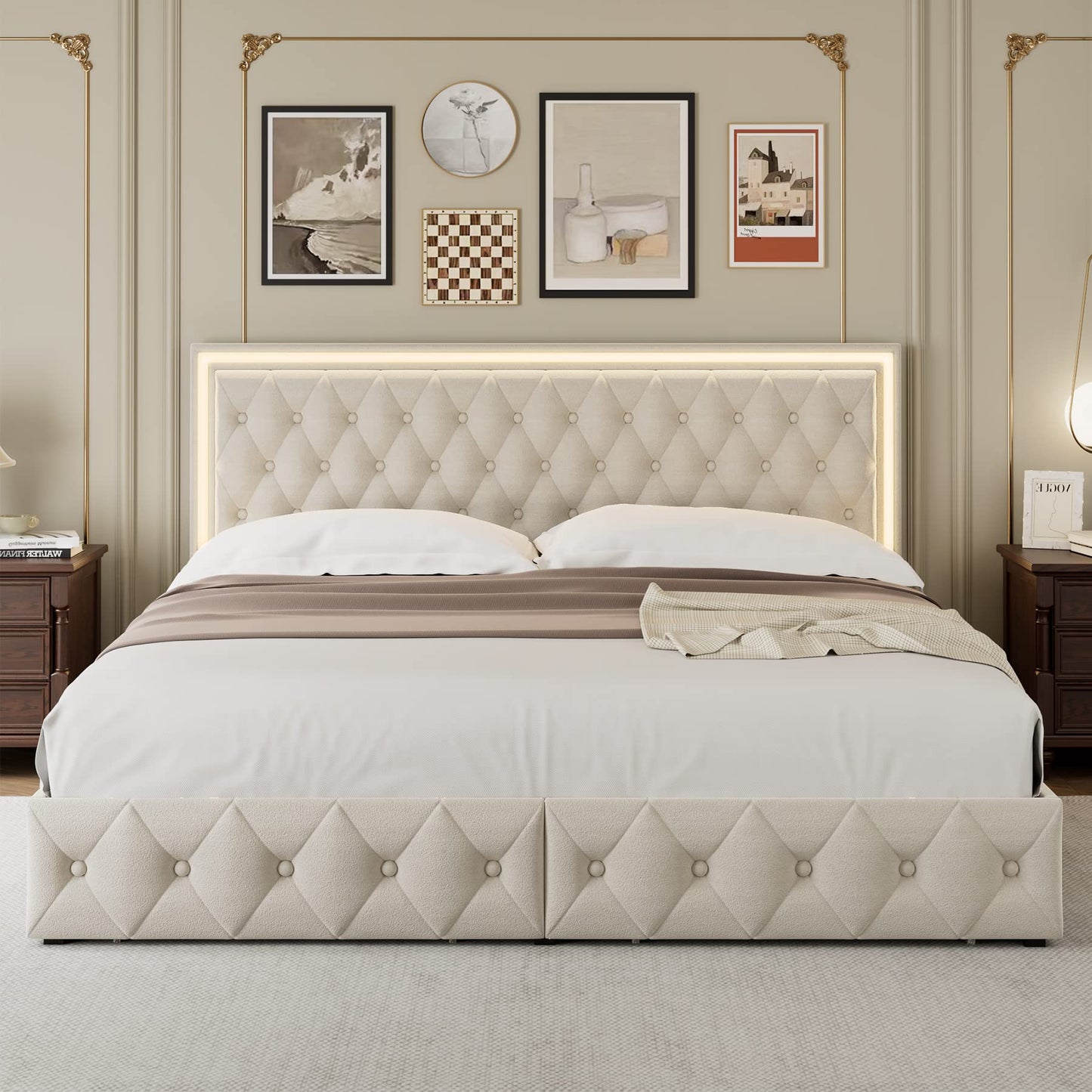 Keyluv King Size LED Bed Frame with 4 Storage Drawers and Adjustable Headboard, Velvet Upholstered Button Tufted Modern Platform Bed, Solid Wooden Slats Support, Easy Assembly, Beige
