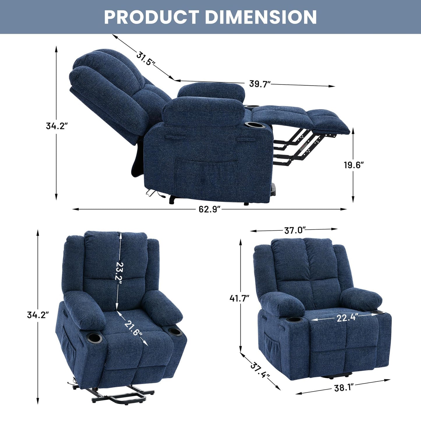 MilleLoom Oversized Power Lift Recliner Chair for Elderly with Vibration Massage and Lumbar Heating,150°Adjustable Lay Flat Lift Chair Electric Recliner Chairs,Stand Assist for Living Room,Dark Blue