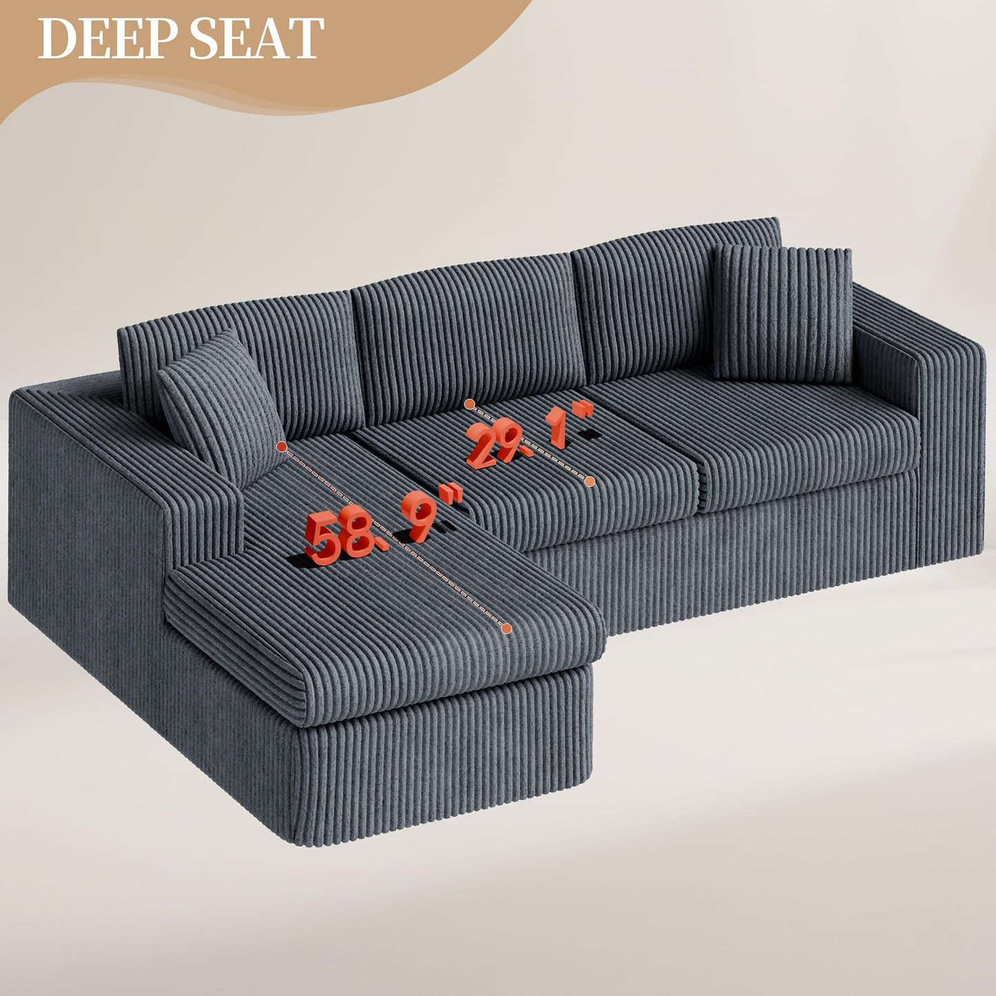 Vongrasig 105" Boneless Couches for Living Room,Sectional Couches Modular Sofa with L-Shaped Chaise, Memory Foam Comfy Cloud Couch with Plush Corduroy Fabric, No Assembly Required, (Dark Grey)